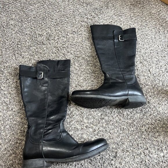 Tara M Union Black Leather Tall Riding Boots Size 41 US 10-10.5 Side Zip Buckle - Picture 7 of 8